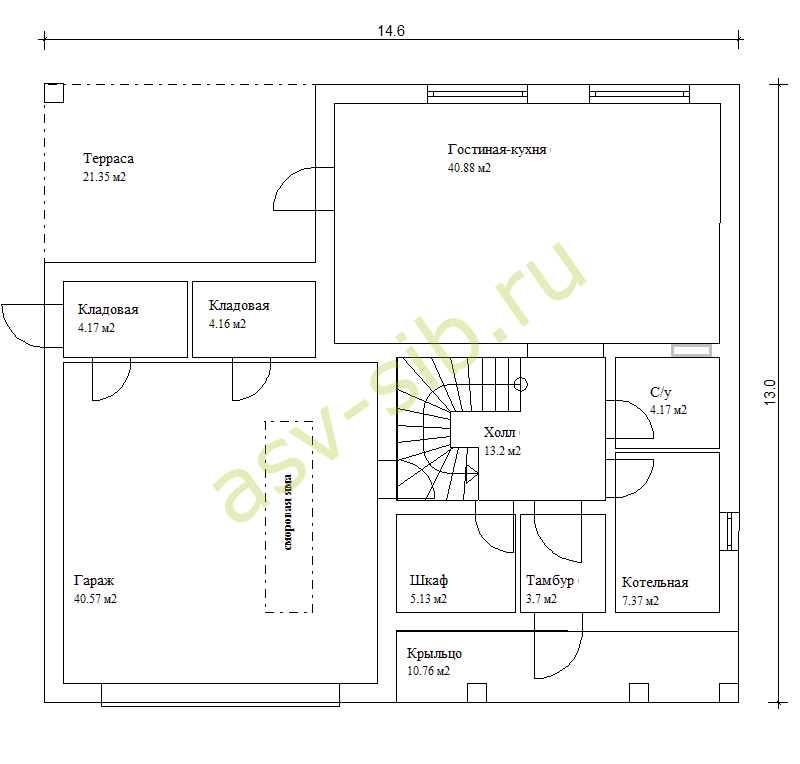 План первого этажа дома из ИНСИ-блоков по проекту П-234