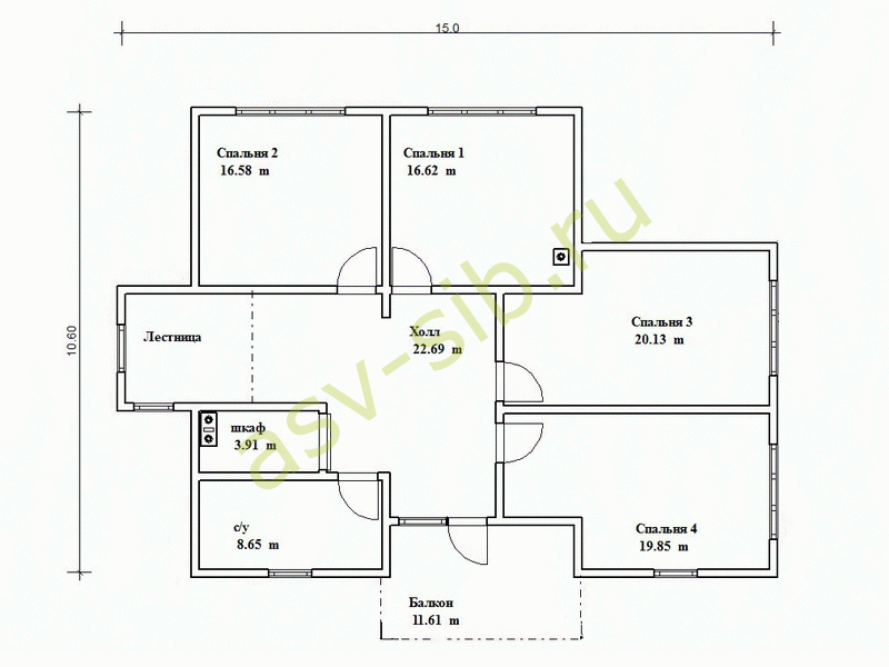 План второго этажа дома из газобетона и бруса с гаражом, навесом и террасой (КБ-261).