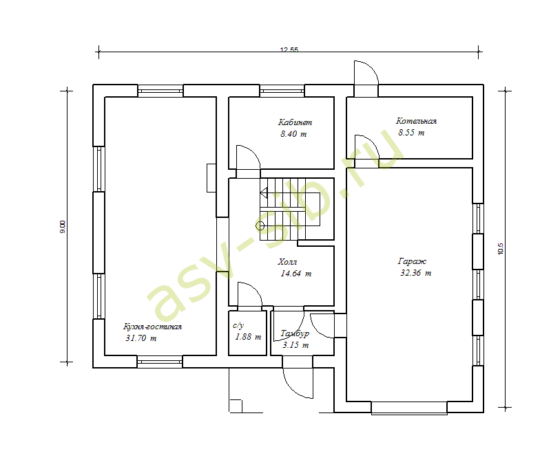 План первого этажа бетонного дома с гаражом по проекту П155-119