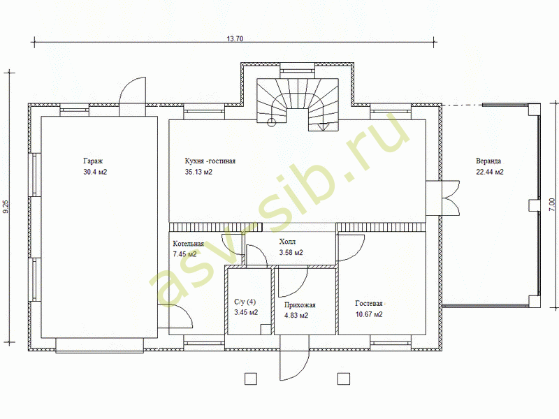 План первого этажа дома по проекту П181-123a с гаражом и верандой