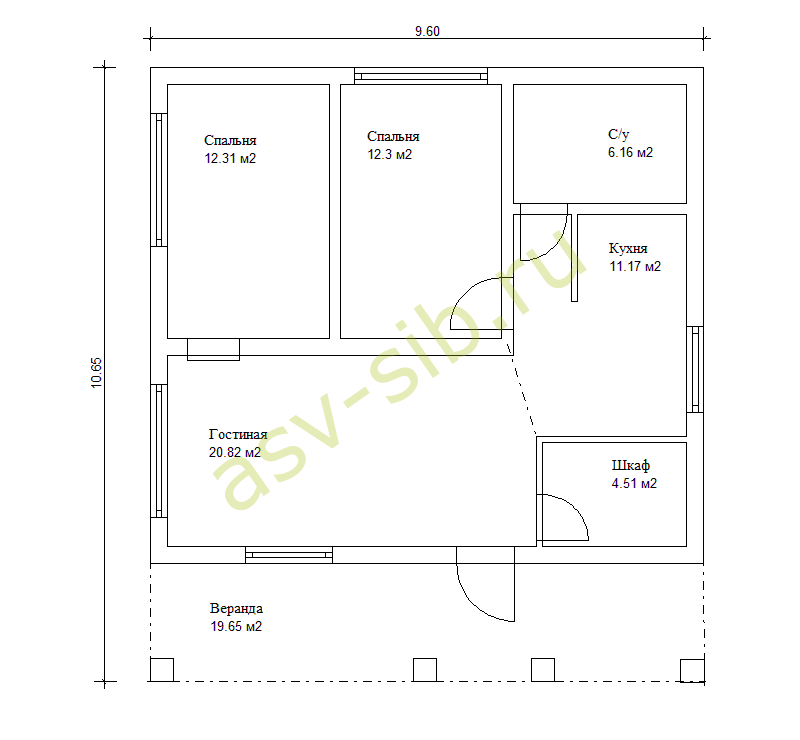 Планировка дома из полистиролбетонного блока для 3 человек, проект П-86
