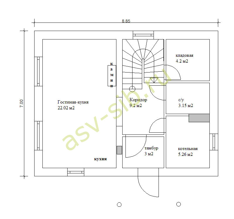 План первого этажа небольшого двухэтажного дома, проект П-87a