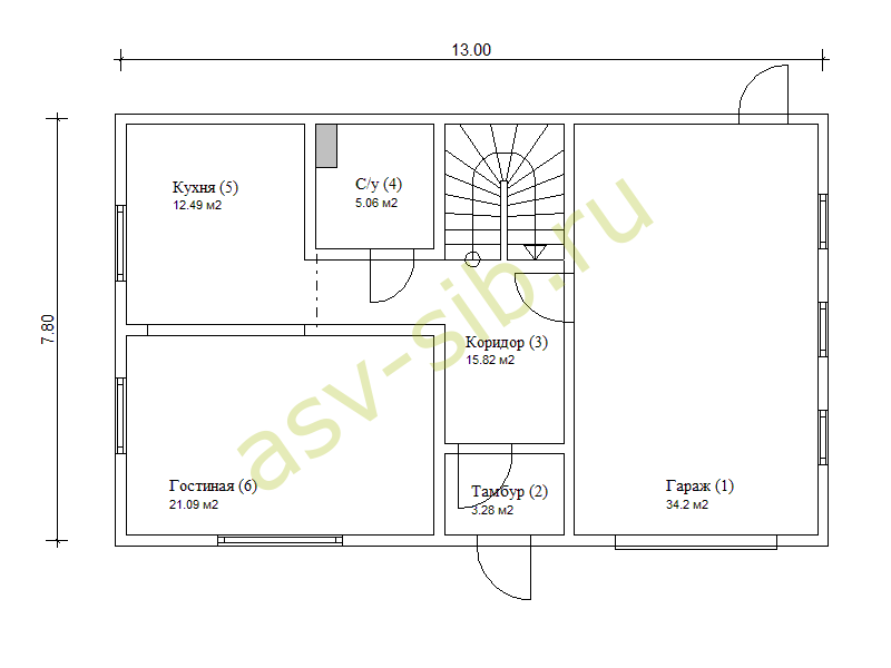 План первого этажа брусового дома с пристроенным гаражом, проект Б-143а