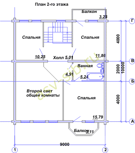 Брусовой дом в три этажа: план второго этажа