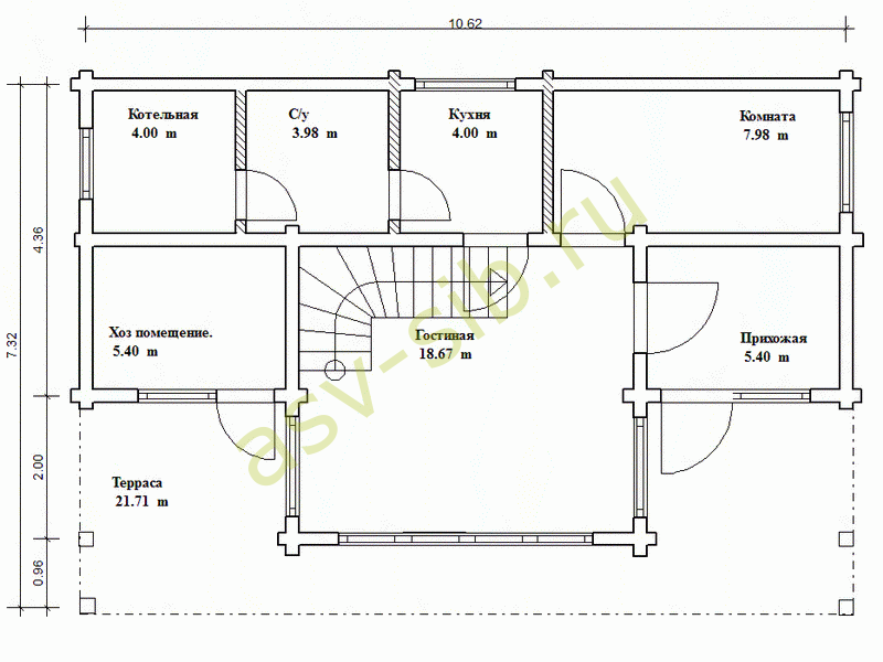 План первого этажа дачного дома с террасой в стиле шале Б-073.