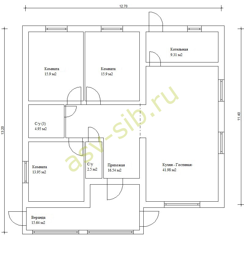 План первого этажа кирпичного одноэтажного дома по проекту K-136a