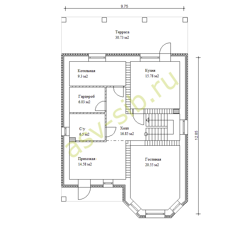 План первого этажа дома по проекту К-173 из керамического поризованного блока