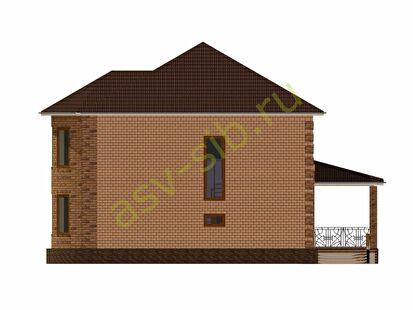 Правый фасад кирпичного дома с террасой, проект К222-169
